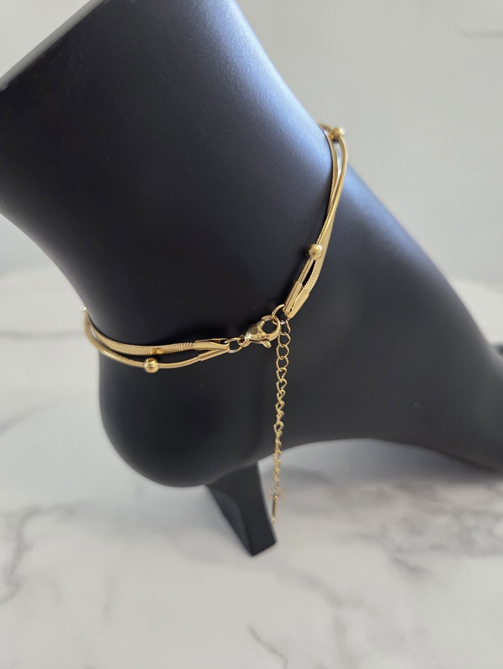 Gold Double Layered Anklet Herringbone and Bead Chain Adjustable - Picture 6 of 9